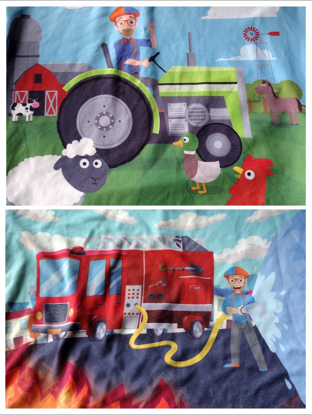 Kids Short Sleeve Tee with Farm & Firetruck Print - Blue/Green